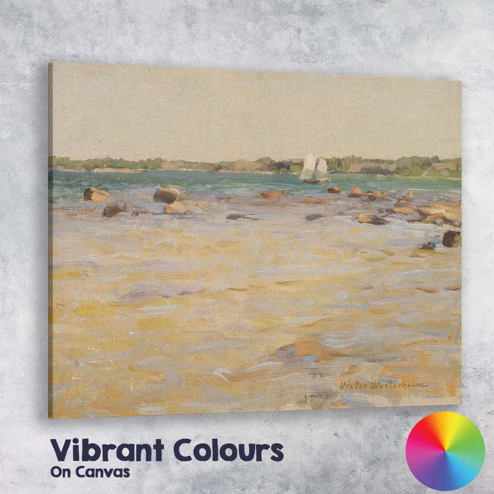 Sunny Seashore Coastal Waterscape With Distant Sailing Boats Canvas Wall Art Print Decor Picture Ready to Hang