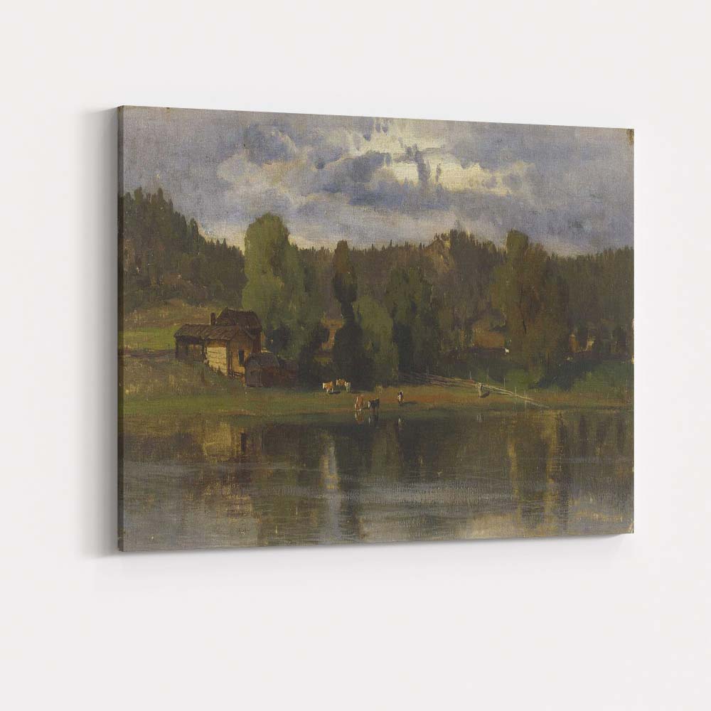 Moody Rural Farmhouse Lake Reflection Landscape Painting Canvas Wall Art Print Decor Picture Ready to Hang
