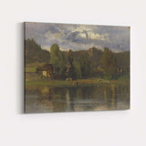 Moody Rural Farmhouse Lake Reflection Landscape Painting Canvas Wall Art Print Decor Picture Ready to Hang