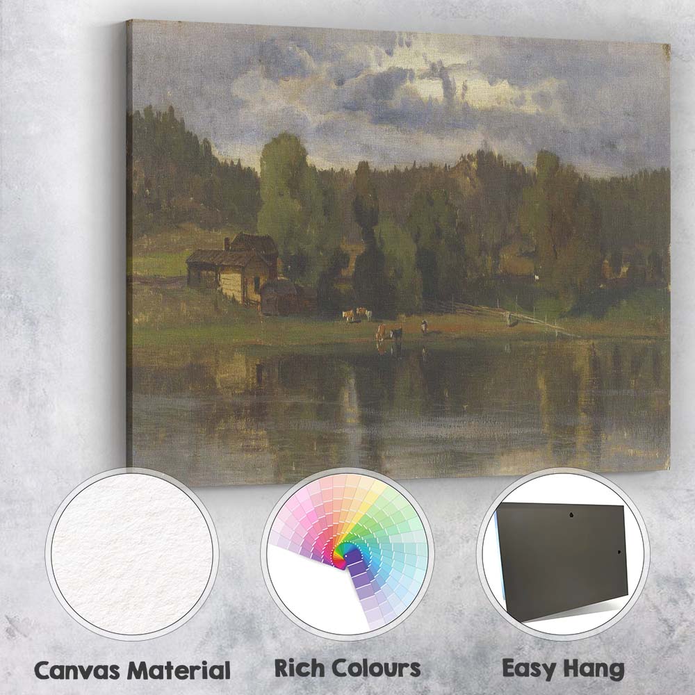 Moody Rural Farmhouse Lake Reflection Landscape Painting Canvas Wall Art Print Decor Picture Ready to Hang