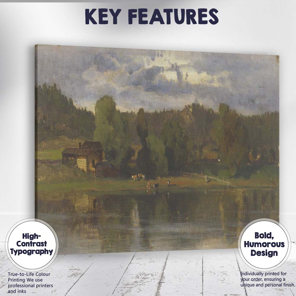 Moody Rural Farmhouse Lake Reflection Landscape Painting Canvas Wall Art Print Decor Picture Ready to Hang
