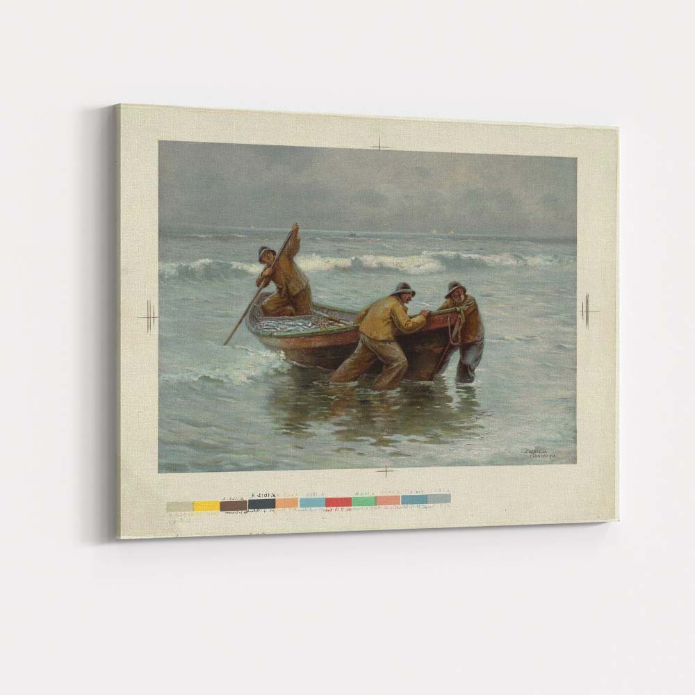 Coastal Fishermen Launching Boat Ocean Shoreline Artwork Canvas Wall Art Print Decor Picture Ready to Hang