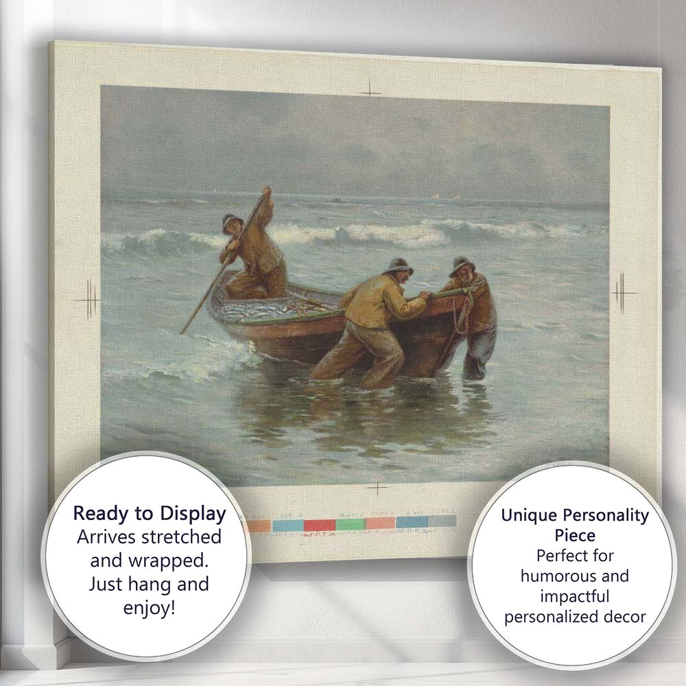 Coastal Fishermen Launching Boat Ocean Shoreline Artwork Canvas Wall Art Print Decor Picture Ready to Hang
