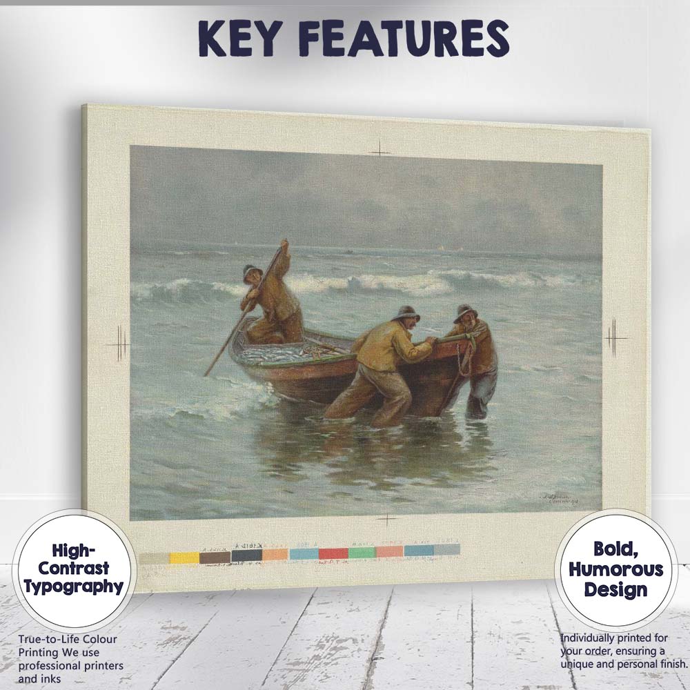 Coastal Fishermen Launching Boat Ocean Shoreline Artwork Canvas Wall Art Print Decor Picture Ready to Hang