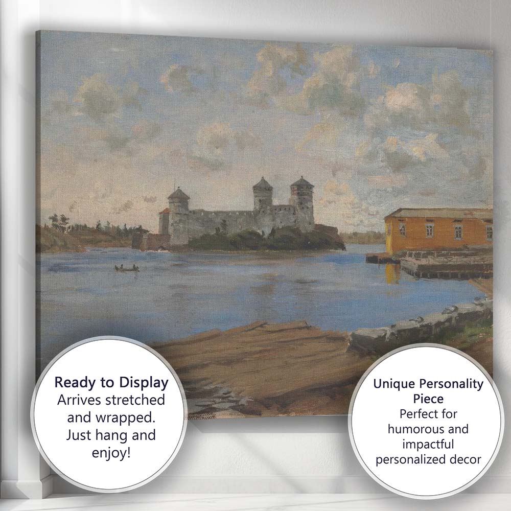 Blue Sky Lakeside Fortress Coastal Harbour Landscape Painting Canvas Wall Art Print Decor Picture Ready to Hang