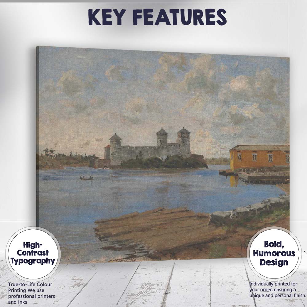 Blue Sky Lakeside Fortress Coastal Harbour Landscape Painting Canvas Wall Art Print Decor Picture Ready to Hang
