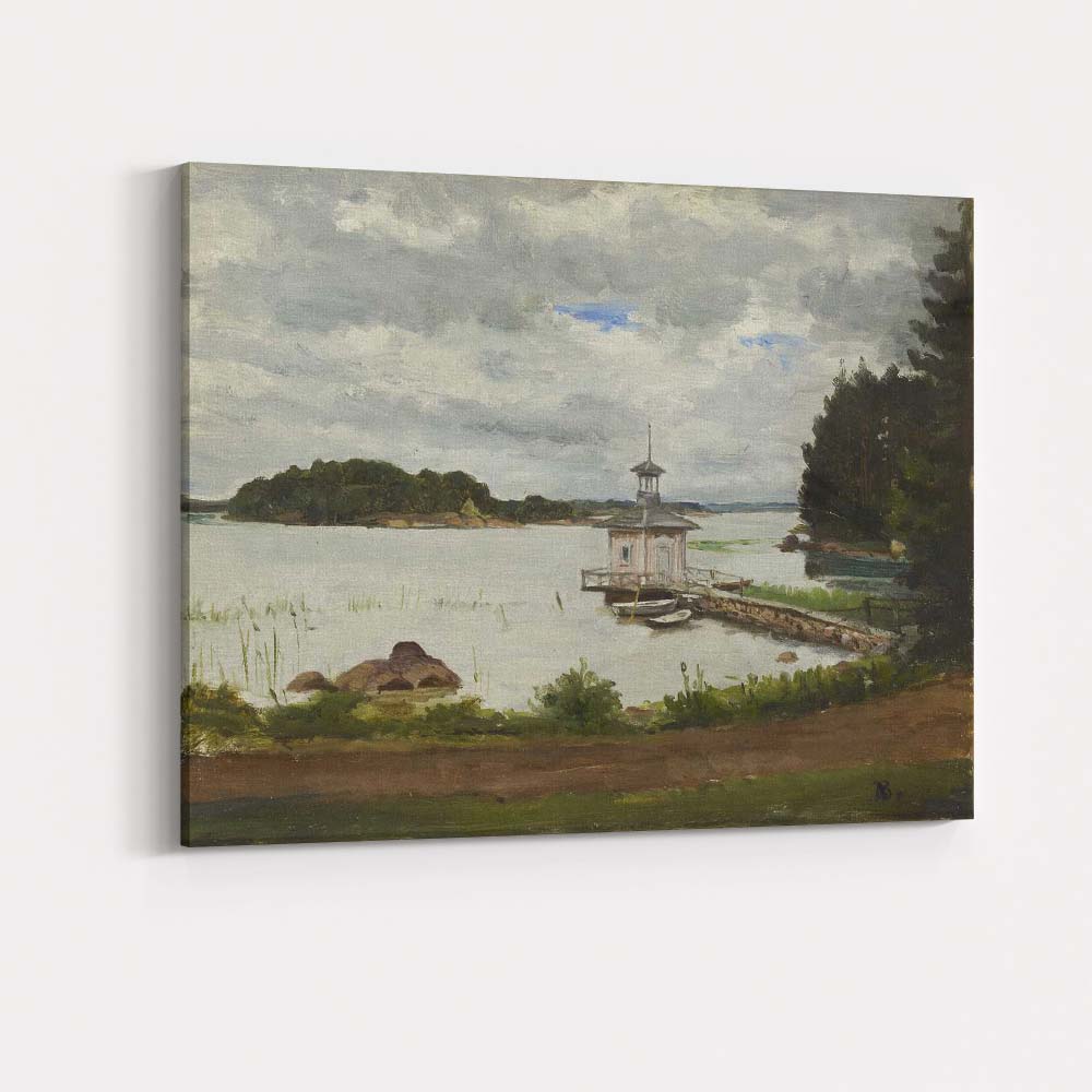 Soft Grey Cloudy Lake Pavilion Waterside Scenic Landscape Painting Canvas Wall Art Print Decor Picture Ready to Hang