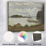 Soft Grey Cloudy Lake Pavilion Waterside Scenic Landscape Painting Canvas Wall Art Print Decor Picture Ready to Hang