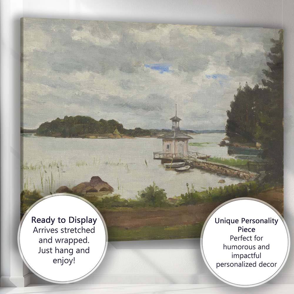 Soft Grey Cloudy Lake Pavilion Waterside Scenic Landscape Painting Canvas Wall Art Print Decor Picture Ready to Hang