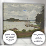 Soft Grey Cloudy Lake Pavilion Waterside Scenic Landscape Painting Canvas Wall Art Print Decor Picture Ready to Hang