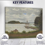 Soft Grey Cloudy Lake Pavilion Waterside Scenic Landscape Painting Canvas Wall Art Print Decor Picture Ready to Hang