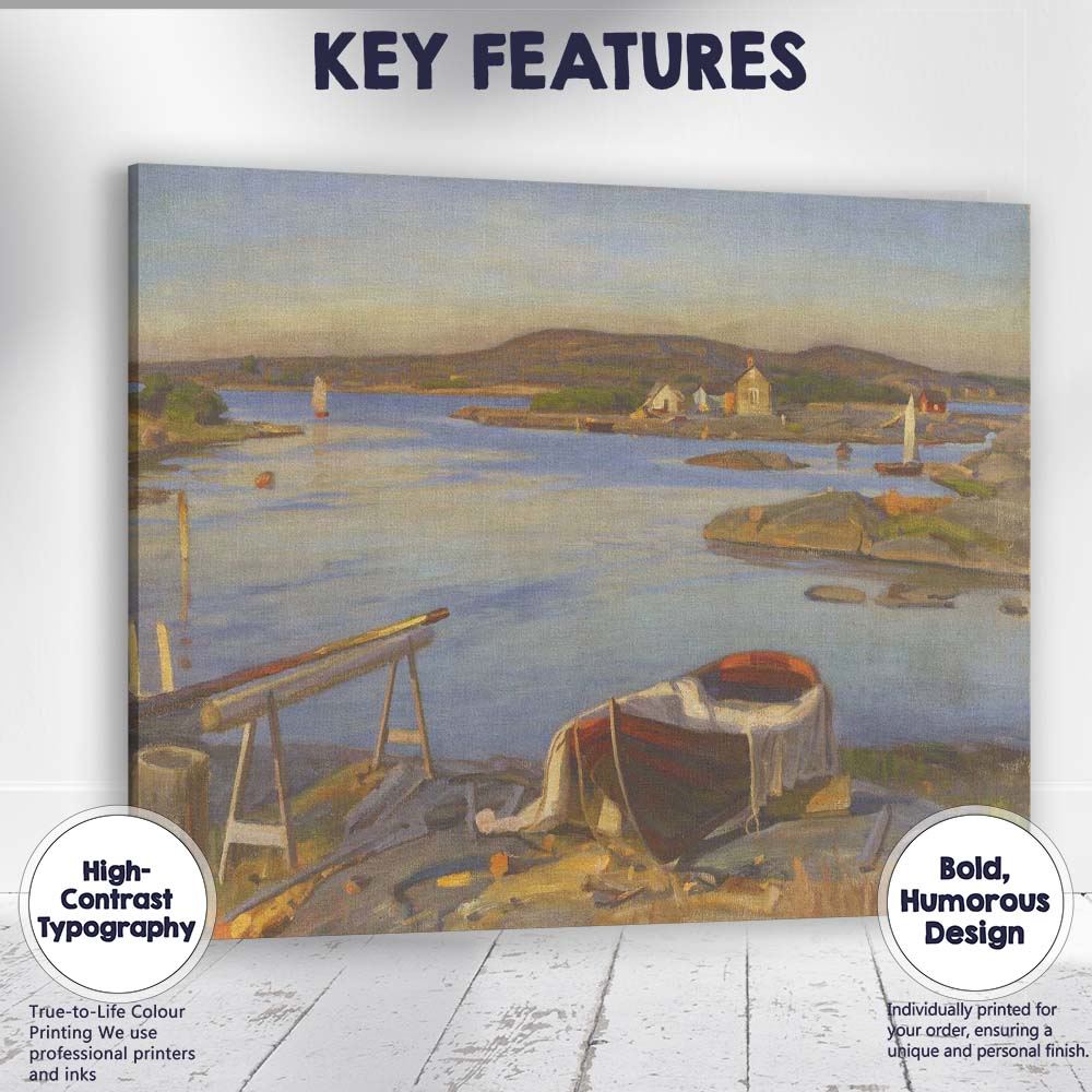 Warm Coastal Inlet Fishing Boats Nordic Archipelago Landscape Canvas Wall Art Print Decor Picture Ready to Hang