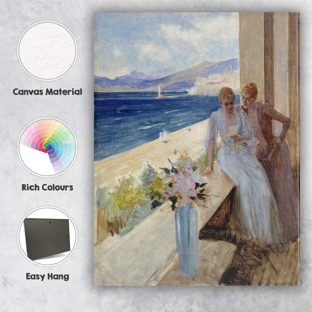 Elegant Seaside Terrace Ladies Overlooking Coastal View Painting Canvas Wall Art Print Decor Picture Ready to Hang