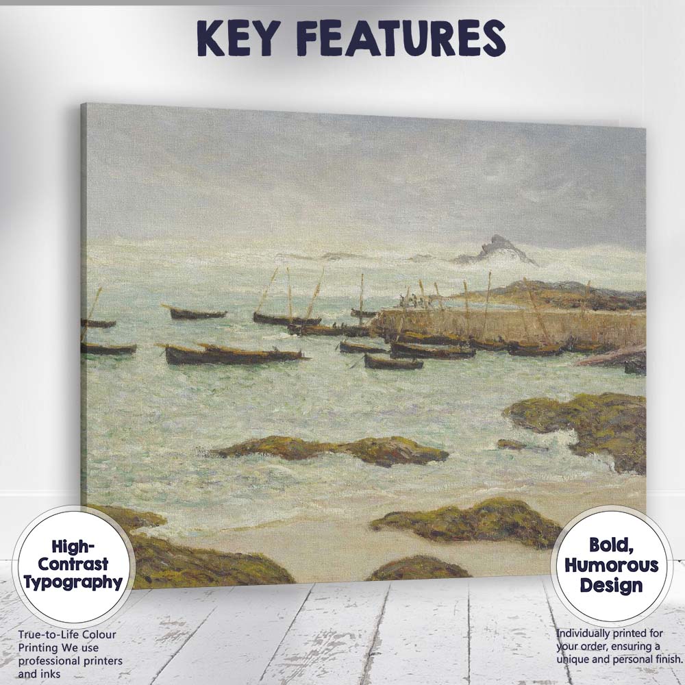 Stormy Fishing Harbour Coastal Seascape With Boats And Waves Canvas Wall Art Print Decor Picture Ready to Hang