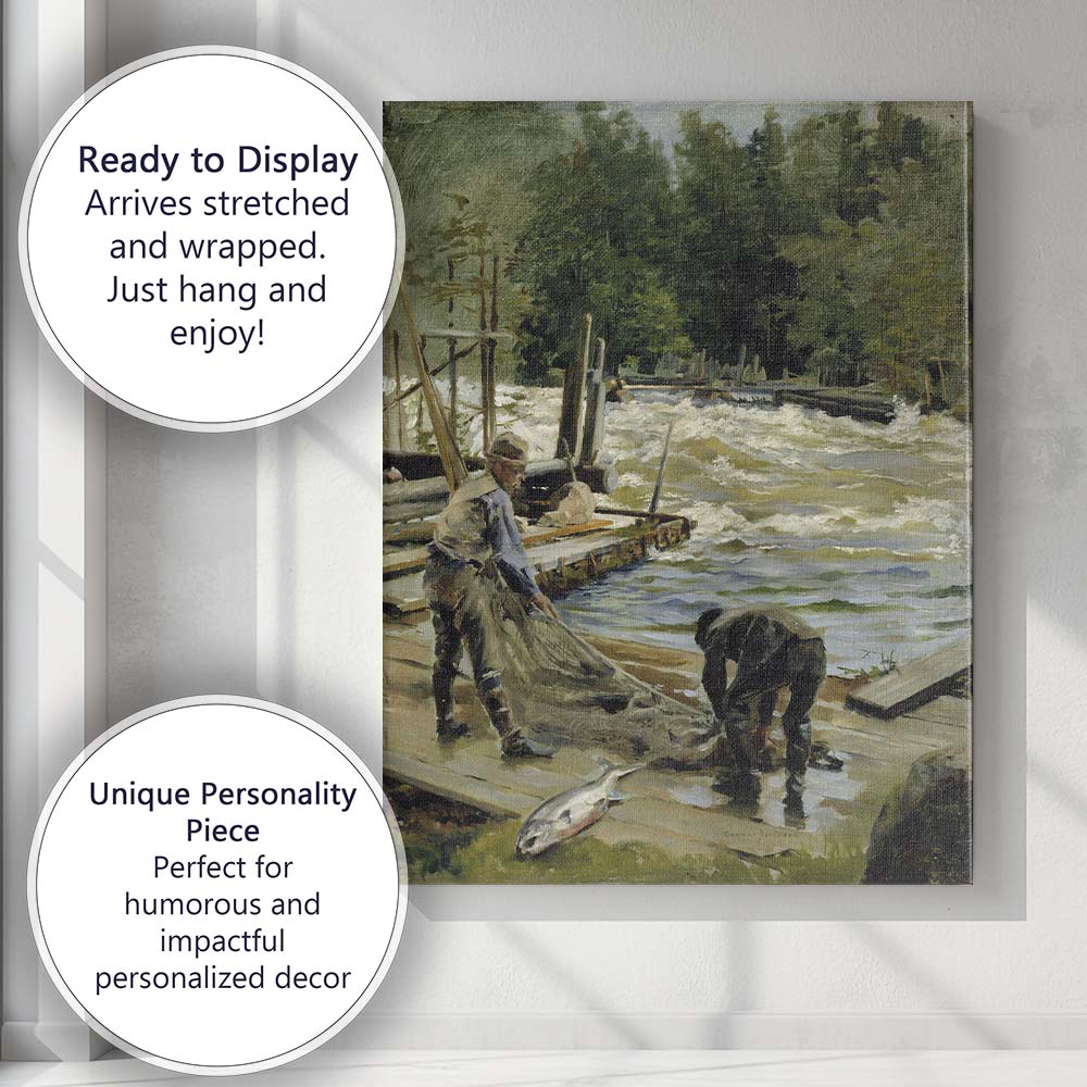 Riverside Fishermen Landing Catch Woodland Waterway Scene Canvas Wall Art Print Decor Picture Ready to Hang