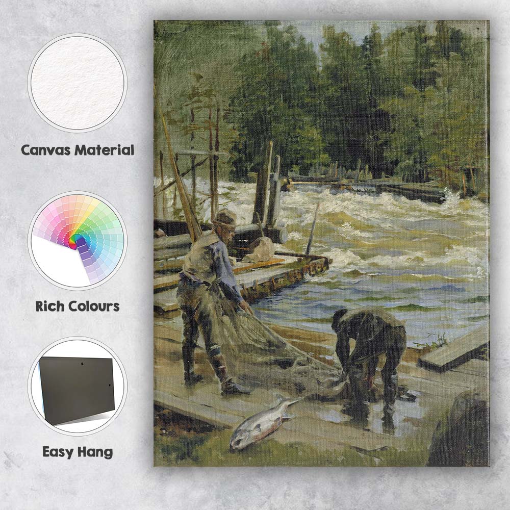 Riverside Fishermen Landing Catch Woodland Waterway Scene Canvas Wall Art Print Decor Picture Ready to Hang