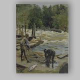Riverside Fishermen Landing Catch Woodland Waterway Scene Canvas Wall Art Print Decor Picture Ready to Hang