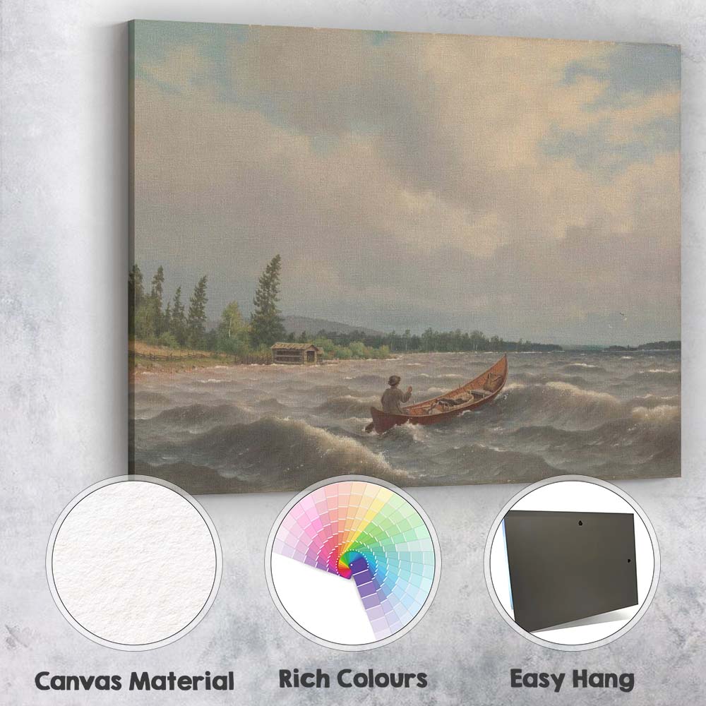 Windy Lake Crossing Canoe And Rustic Shoreline Landscape Canvas Wall Art Print Decor Picture Ready to Hang