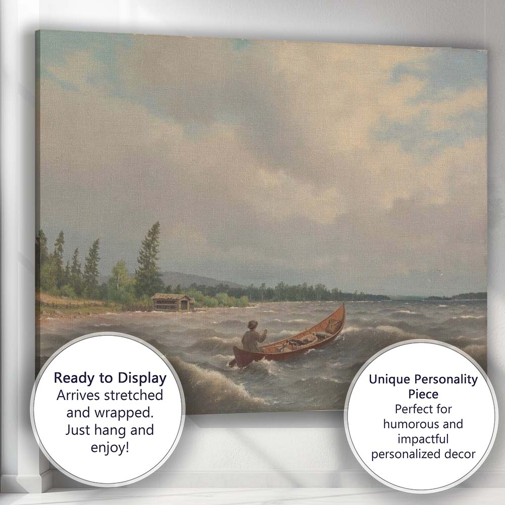 Windy Lake Crossing Canoe And Rustic Shoreline Landscape Canvas Wall Art Print Decor Picture Ready to Hang
