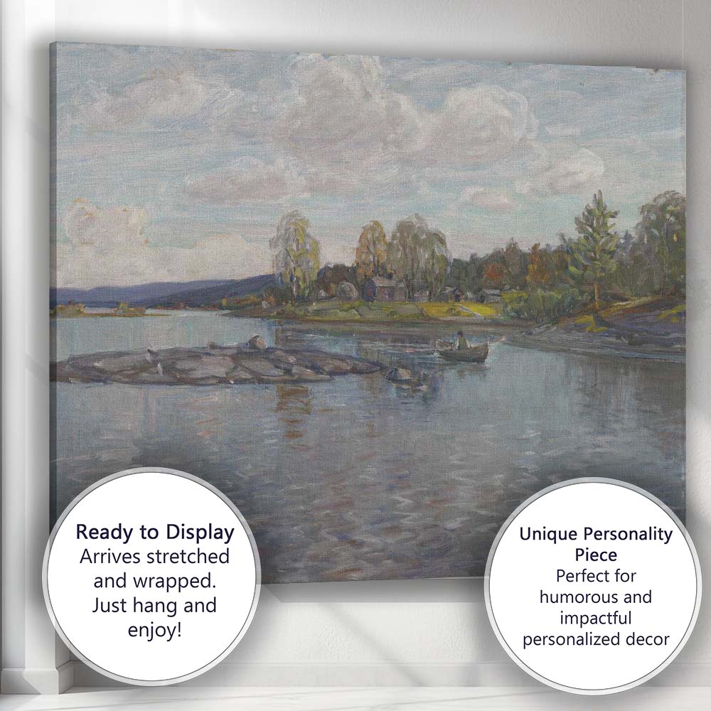 Scandinavian Lakeside Village Reflections Impressionist Waterscape Canvas Wall Art Print Decor Picture Ready to Hang