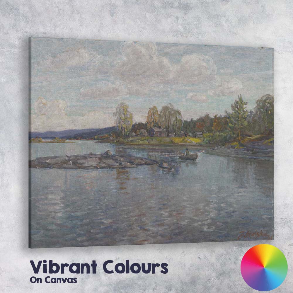 Scandinavian Lakeside Village Reflections Impressionist Waterscape Canvas Wall Art Print Decor Picture Ready to Hang