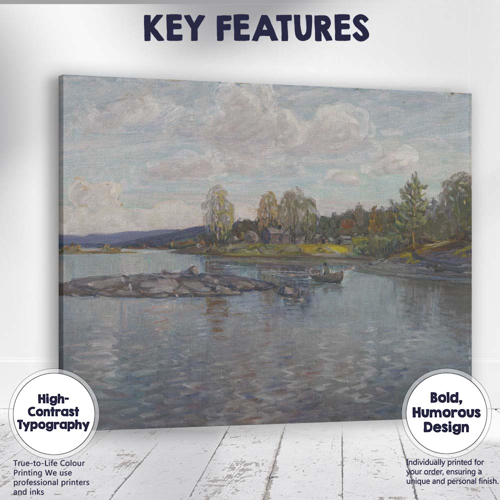 Scandinavian Lakeside Village Reflections Impressionist Waterscape Canvas Wall Art Print Decor Picture Ready to Hang