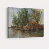 Rustic Riverside Fishing Boats Waterside Village Landscape Painting Canvas Wall Art Print Decor Picture Ready to Hang