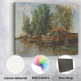 Rustic Riverside Fishing Boats Waterside Village Landscape Painting Canvas Wall Art Print Decor Picture Ready to Hang