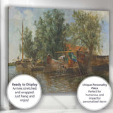 Rustic Riverside Fishing Boats Waterside Village Landscape Painting Canvas Wall Art Print Decor Picture Ready to Hang