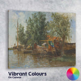 Rustic Riverside Fishing Boats Waterside Village Landscape Painting Canvas Wall Art Print Decor Picture Ready to Hang