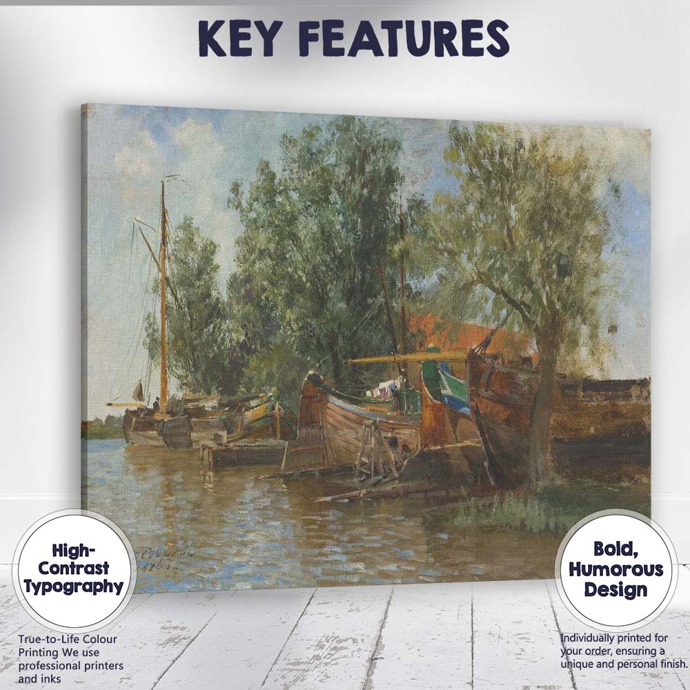 Rustic Riverside Fishing Boats Waterside Village Landscape Painting Canvas Wall Art Print Decor Picture Ready to Hang