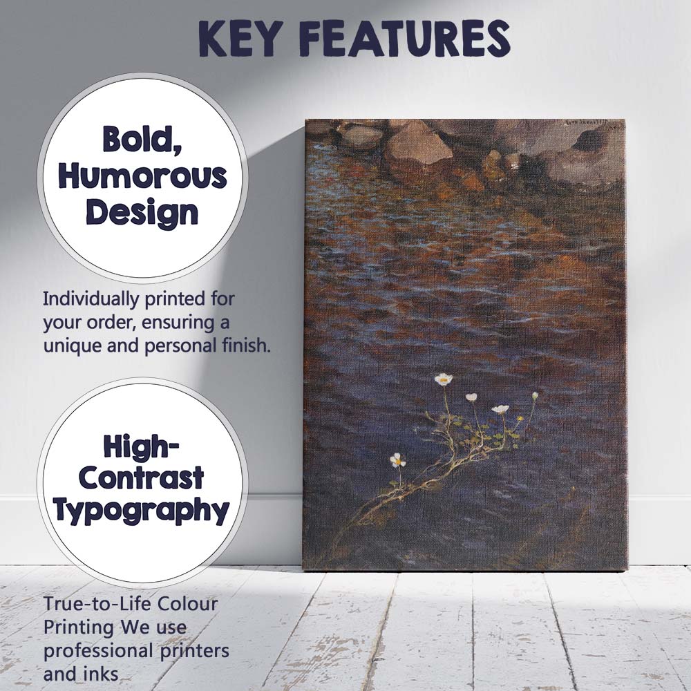 Brown Rock Streamside White Wildflowers Reflective Water Landscape Oil Painting Canvas Wall Art Print Decor Picture Ready to Hang
