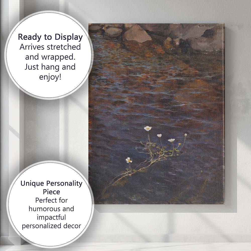 Brown Rock Streamside White Wildflowers Reflective Water Landscape Oil Painting Canvas Wall Art Print Decor Picture Ready to Hang