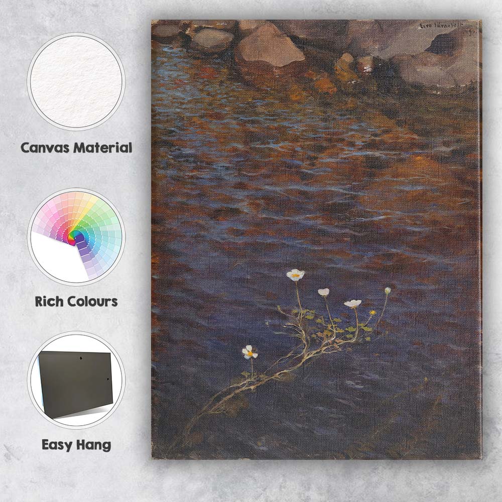 Brown Rock Streamside White Wildflowers Reflective Water Landscape Oil Painting Canvas Wall Art Print Decor Picture Ready to Hang