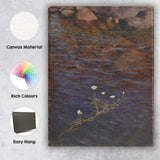 Brown Rock Streamside White Wildflowers Reflective Water Landscape Oil Painting Canvas Wall Art Print Decor Picture Ready to Hang