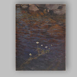 Brown Rock Streamside White Wildflowers Reflective Water Landscape Oil Painting Canvas Wall Art Print Decor Picture Ready to Hang