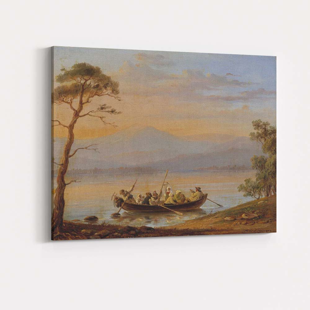 Peaceful Lake Boat Figures Mountain Sunset Scenic Landscape Painting Canvas Wall Art Print Decor Picture Ready to Hang