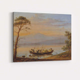 Peaceful Lake Boat Figures Mountain Sunset Scenic Landscape Painting Canvas Wall Art Print Decor Picture Ready to Hang