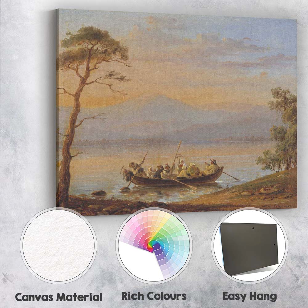 Peaceful Lake Boat Figures Mountain Sunset Scenic Landscape Painting Canvas Wall Art Print Decor Picture Ready to Hang