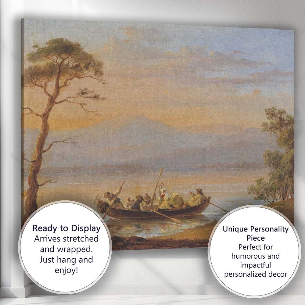 Peaceful Lake Boat Figures Mountain Sunset Scenic Landscape Painting Canvas Wall Art Print Decor Picture Ready to Hang