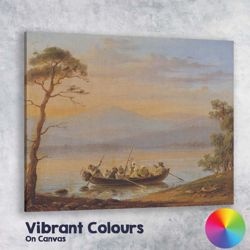 Peaceful Lake Boat Figures Mountain Sunset Scenic Landscape Painting Canvas Wall Art Print Decor Picture Ready to Hang