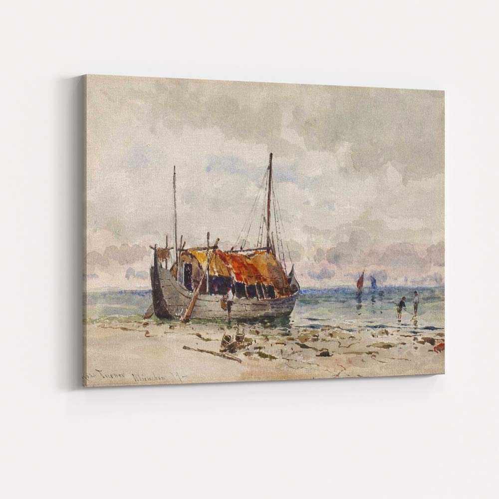 Coastal Fishing Boat Sandy Shore Watercolour Seascape Painting Canvas Wall Art Print Decor Picture Ready to Hang