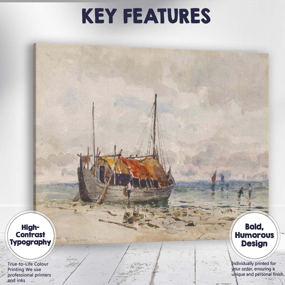Coastal Fishing Boat Sandy Shore Watercolour Seascape Painting Canvas Wall Art Print Decor Picture Ready to Hang