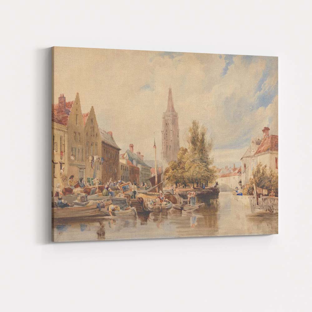 Historic Canal Town Waterside Market Scene Watercolour Painting Canvas Wall Art Print Decor Picture Ready to Hang