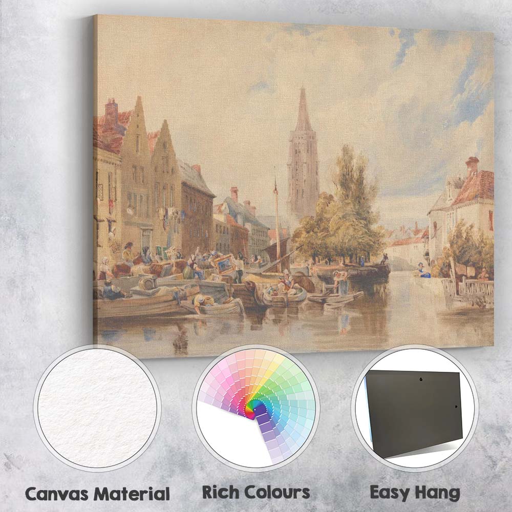 Historic Canal Town Waterside Market Scene Watercolour Painting Canvas Wall Art Print Decor Picture Ready to Hang