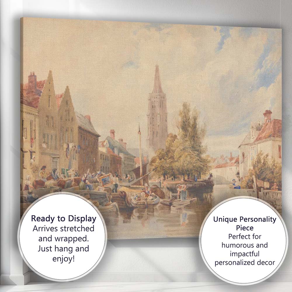 Historic Canal Town Waterside Market Scene Watercolour Painting Canvas Wall Art Print Decor Picture Ready to Hang