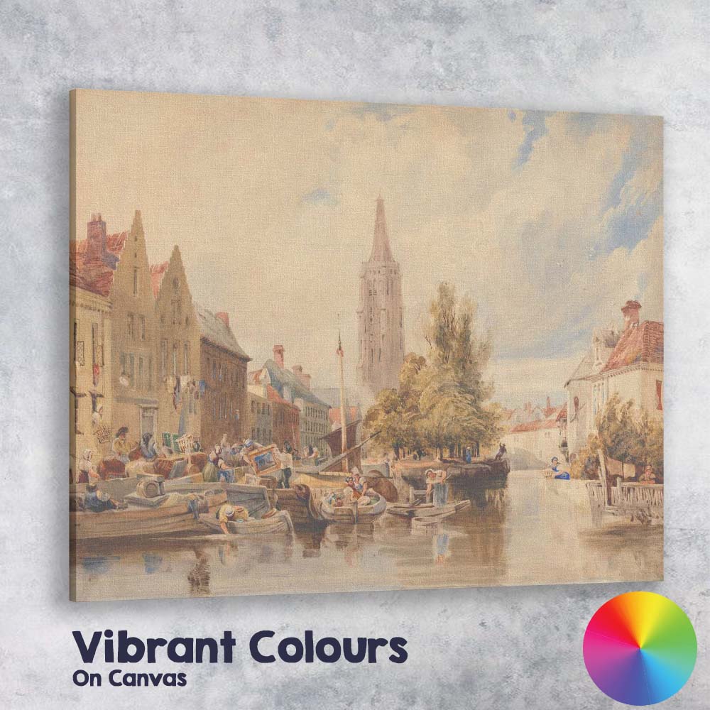 Historic Canal Town Waterside Market Scene Watercolour Painting Canvas Wall Art Print Decor Picture Ready to Hang