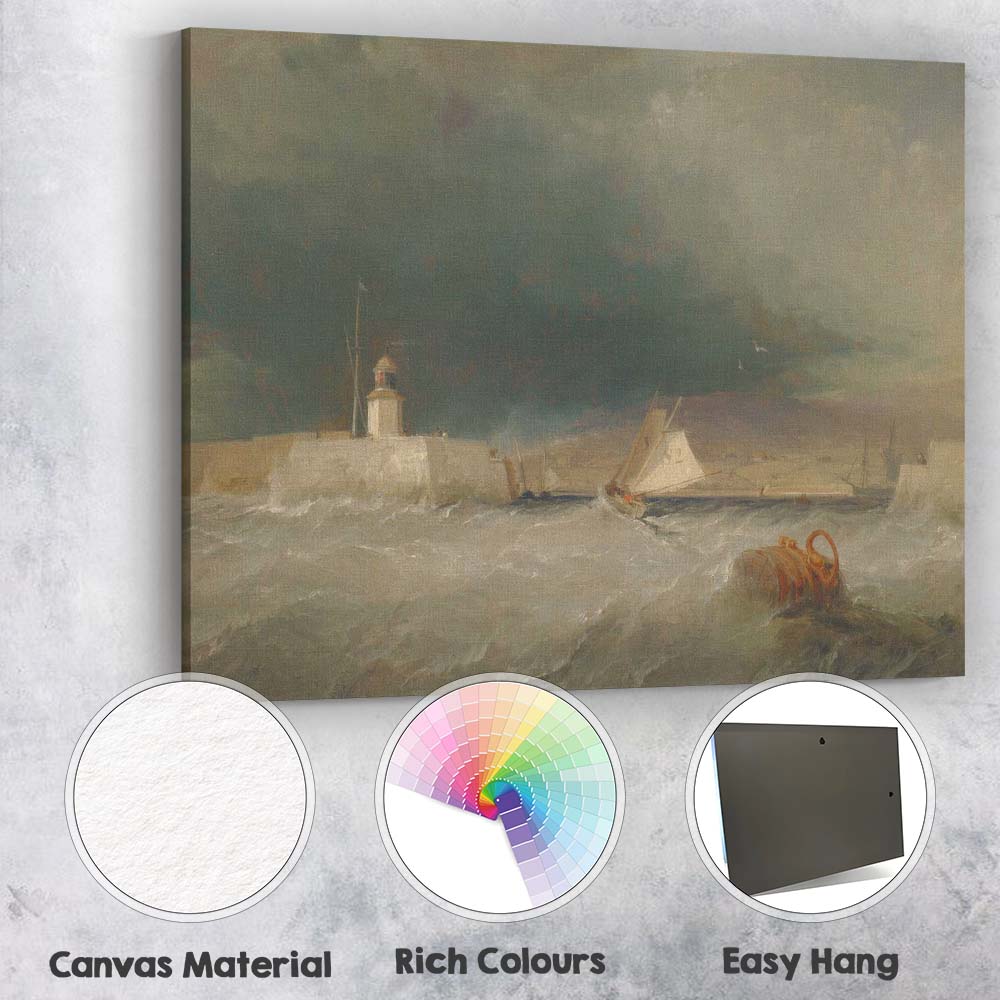 Stormy Harbour Lighthouse Sailing Boat Marine Painting Canvas Wall Art Print Decor Picture Ready to Hang