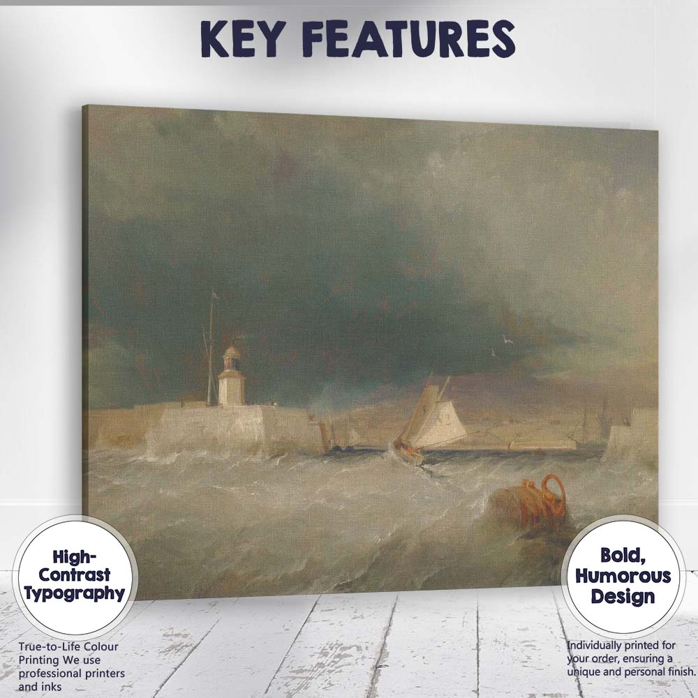 Stormy Harbour Lighthouse Sailing Boat Marine Painting Canvas Wall Art Print Decor Picture Ready to Hang