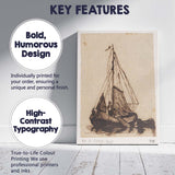 Antique Sailboat Mooring Ink Sketch Nautical Study Canvas Wall Art Print Decor Picture Ready to Hang